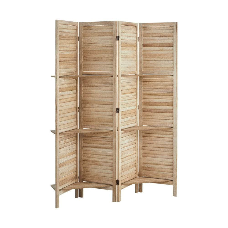 4 Panel Room Divider With Shelves Timber Wooden Natural, Room Divider