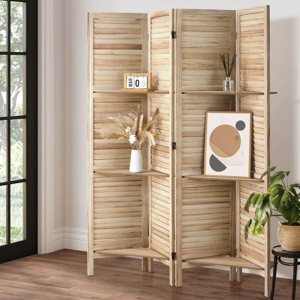 4 Panel Room Divider With Shelves Timber Wooden Natural, Wooden finish