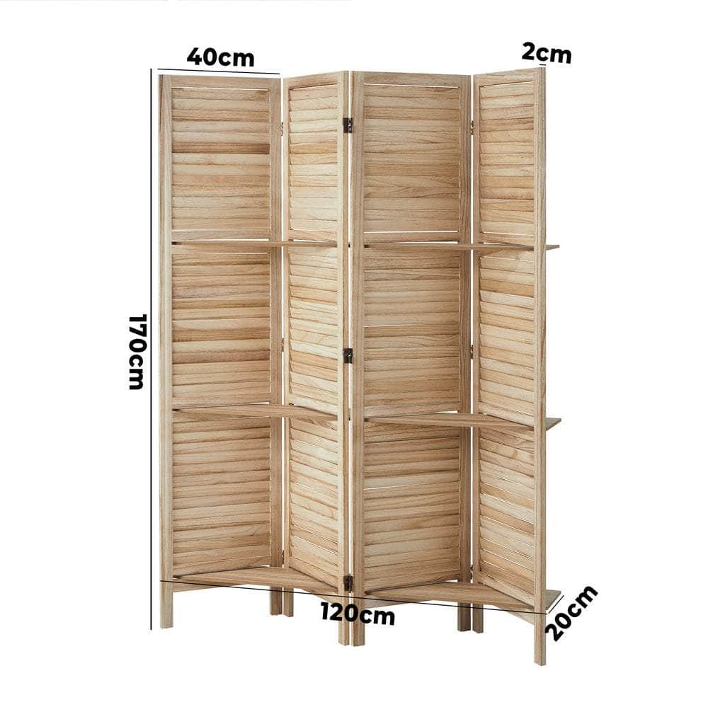 4 Panel Room Divider With Shelves Timber Wooden Natural - Natural colour