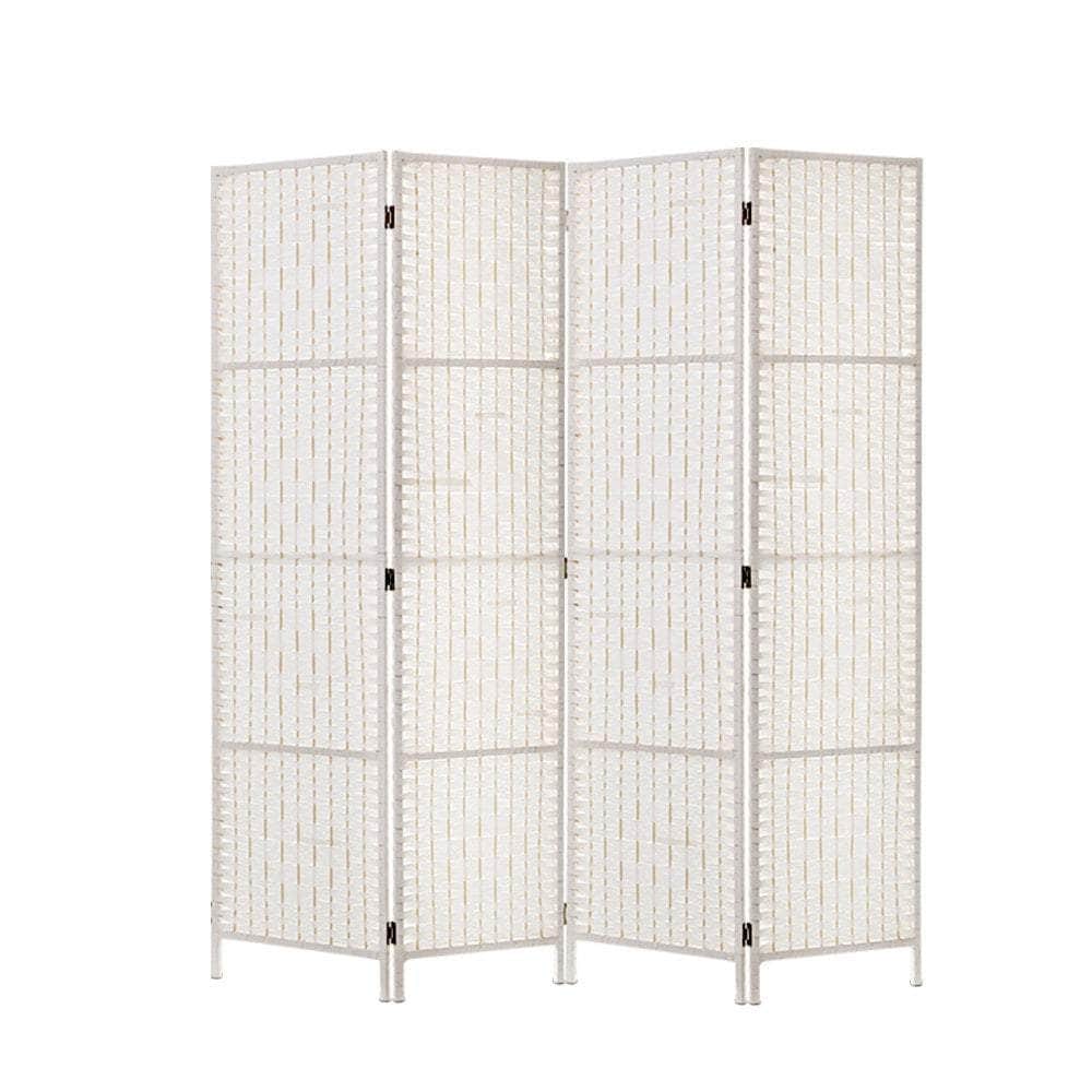 4 Panels Room Divider Screen Privacy Rattan Timber Fold Woven Stand White