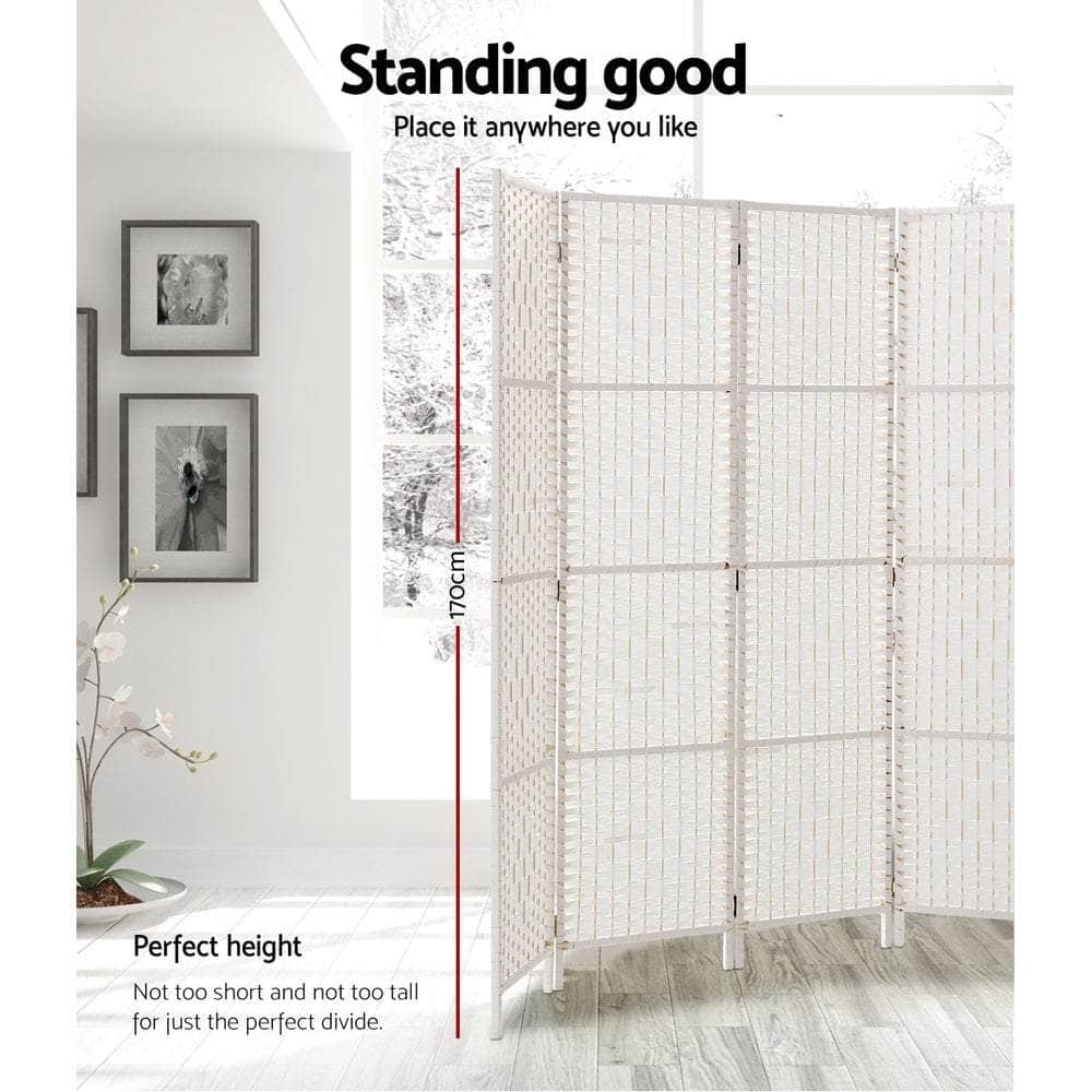 4 Panels Room Divider Screen Privacy Rattan Timber Fold Woven Stand White