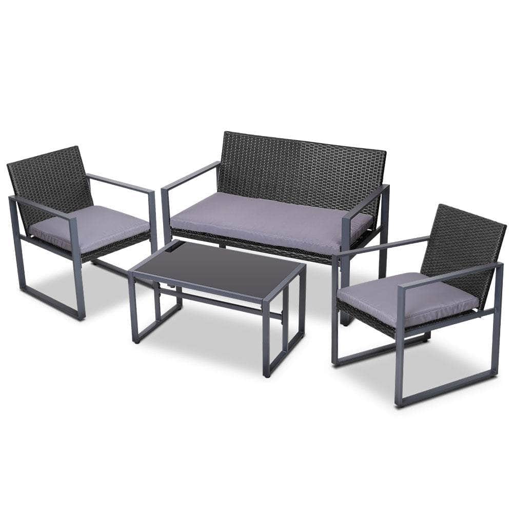 4 Pcs Outdoor Sofa Set Rattan Furniture Glass Top Table Chairs Black