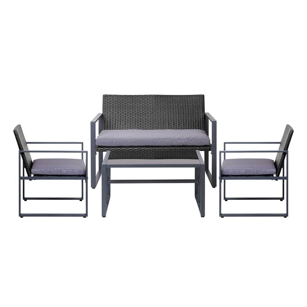 4 Pcs Outdoor Sofa Set Rattan Furniture Glass Top Table Chairs Black