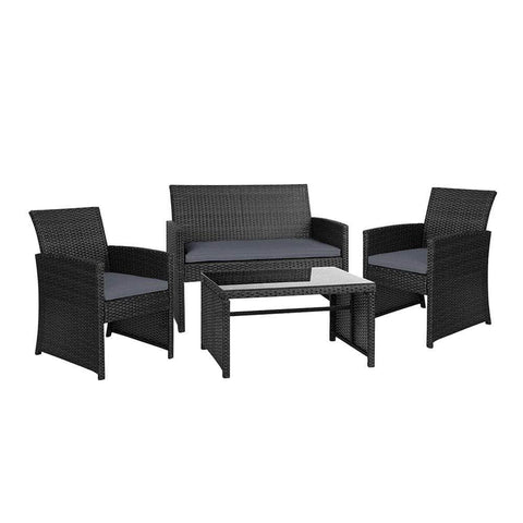 4 Pcs Outdoor Sofa Set With Storage Cover Rattan Chair Furniture Black