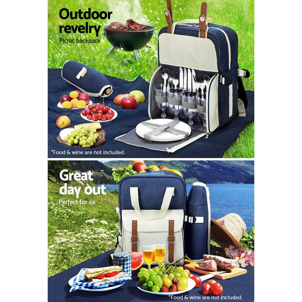 4 Person Picnic Basket Set Backpack Bag Insulated Blue