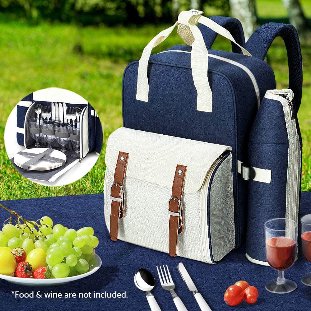 4 Person Picnic Basket Set Backpack Bag Insulated Blue
