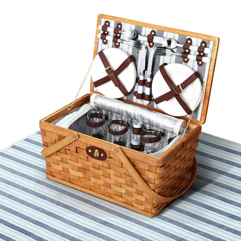4 Person Picnic Basket Set Wooden Blanket Bag Insulated