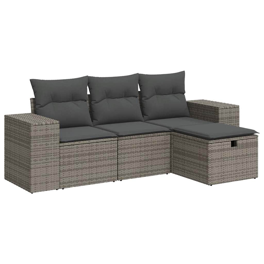 Outdoor Furniture Sets - 4 Piece Garden Sofa Set with Cushions Grey Poly Rattan - Outdoor Comfort