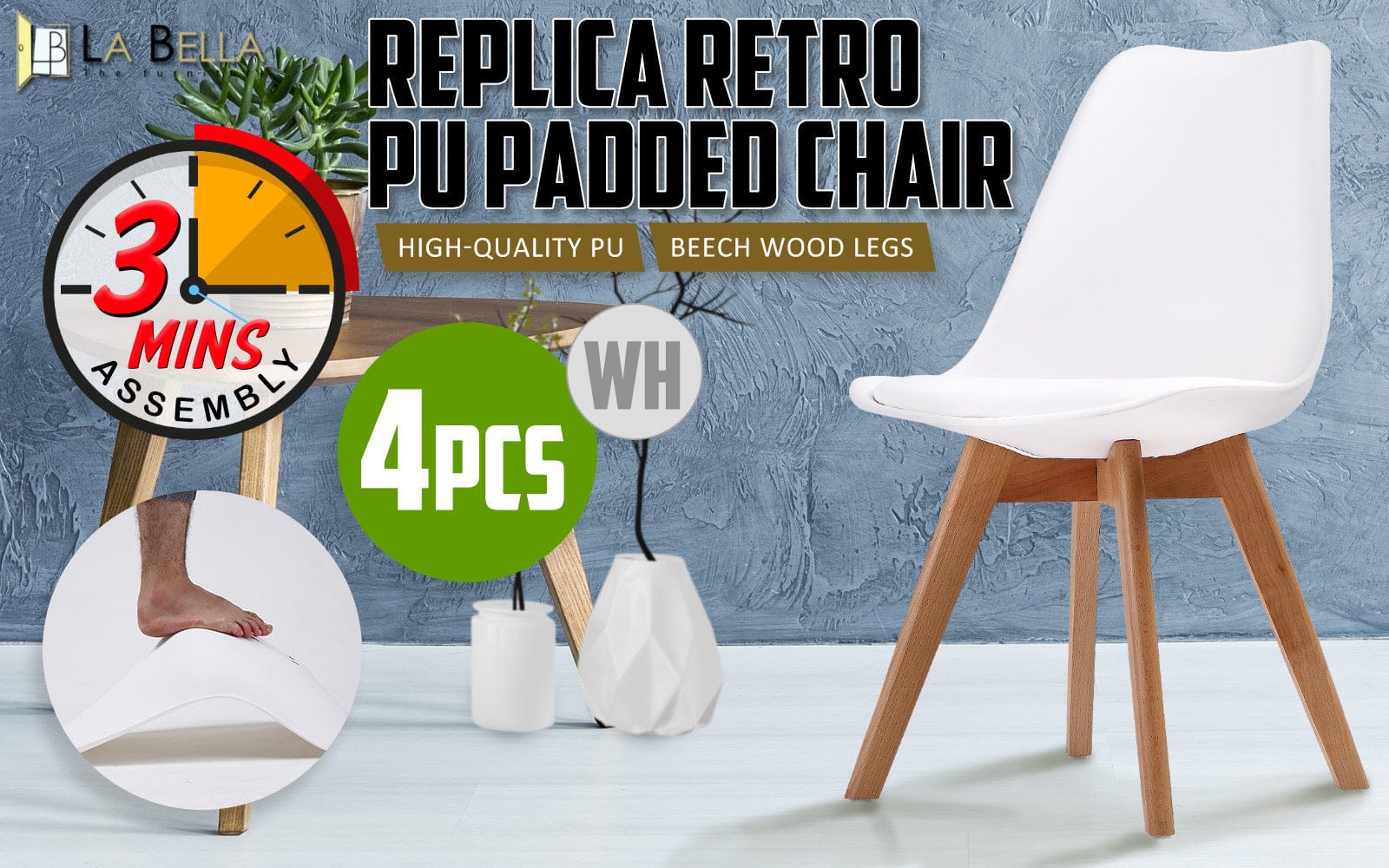 4X Retro Dining Cafe Chair Padded Seat WHITE with Kitchen & Dining Chairs