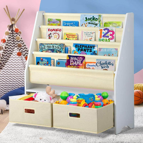 4 Tier Kids Bookshelf Bookcase with 2 Drawers Children Toy Storage Cabinet