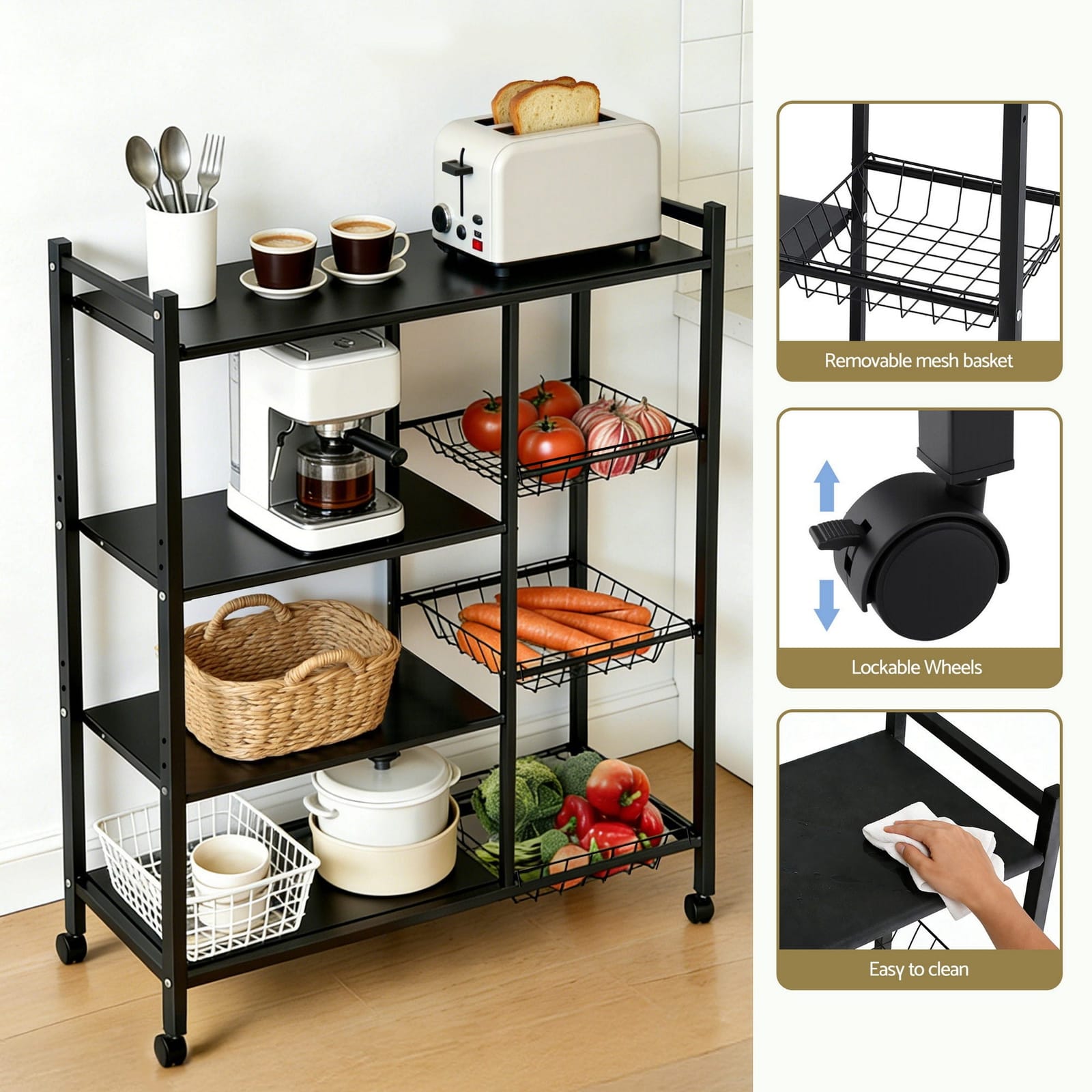 Kitchen Storage Rack Four Tier with Wheels and Three Basket - photo 12