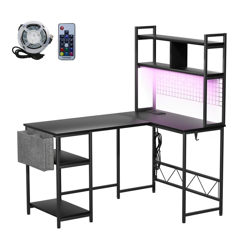 Modern L Shaped Gaming Desk with LED Lights Black  Multipurpose Use with Black colour