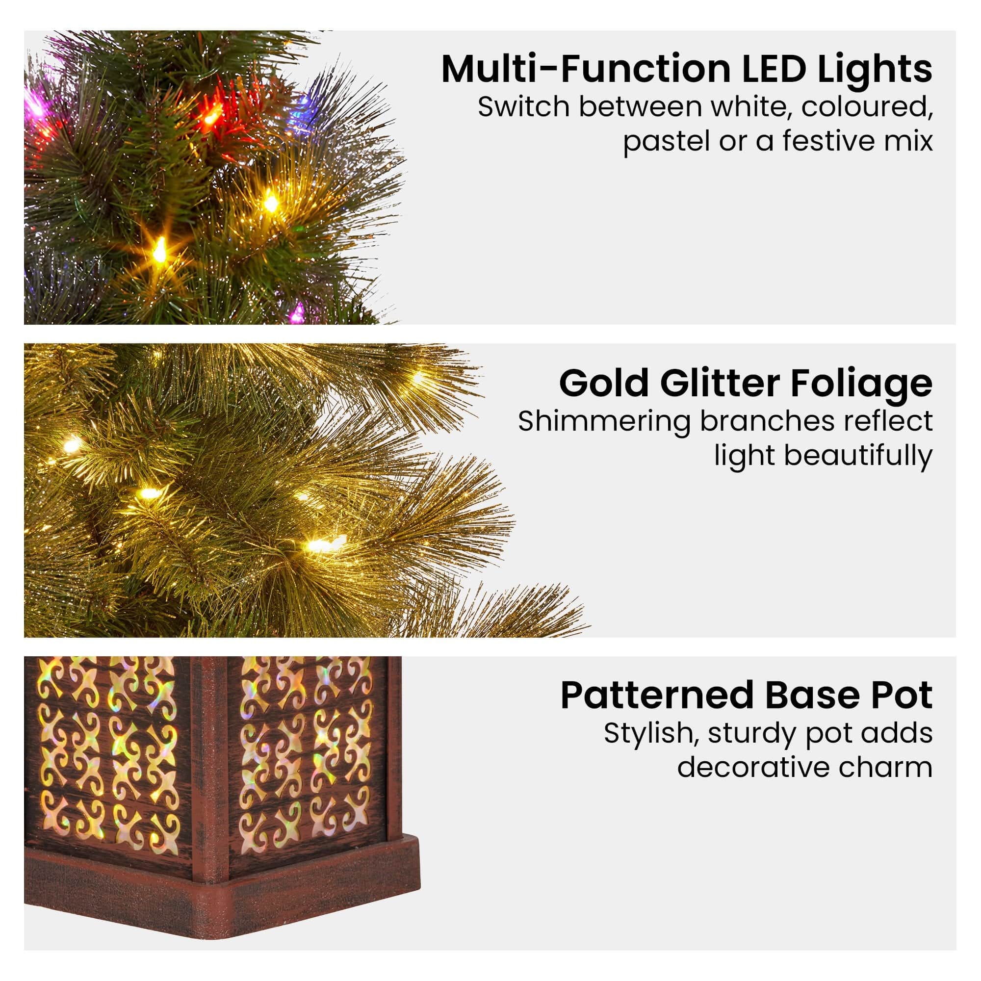 4ft Christmas Tree Glittery Gold Pine Foliage LED Multi Lights Xmas Decor