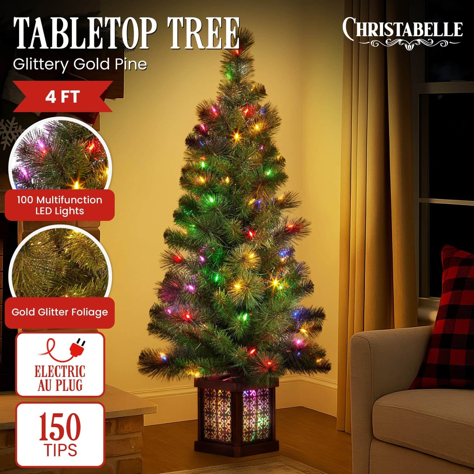 4ft Christmas Tree Glittery Gold Pine Foliage LED Multi Lights Xmas Decor with Gold colour