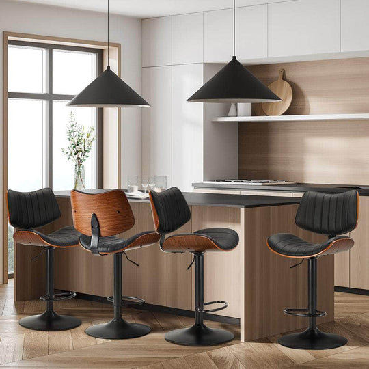 Bar Stool - 4x Bar Stool Kitchen Swivel Chair Wooden Leather Gas Lift
