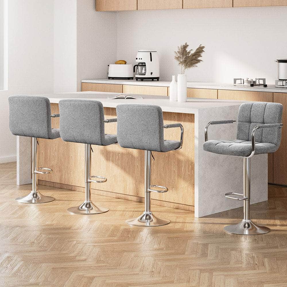 4X Bar Stools Fabric Gas Lift W/Armrest Grey