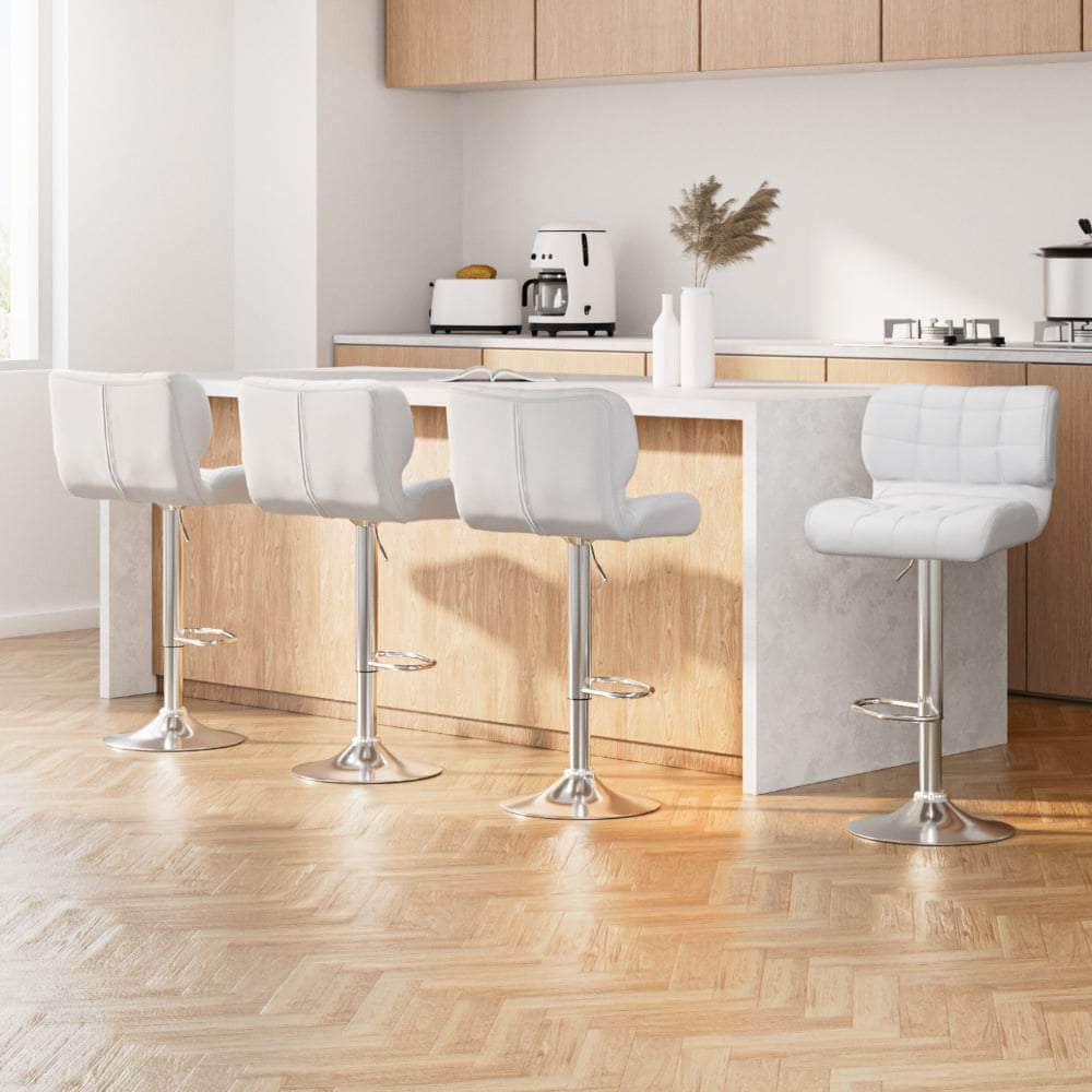 4x Bar Stools Gas Lift Leather Padded White