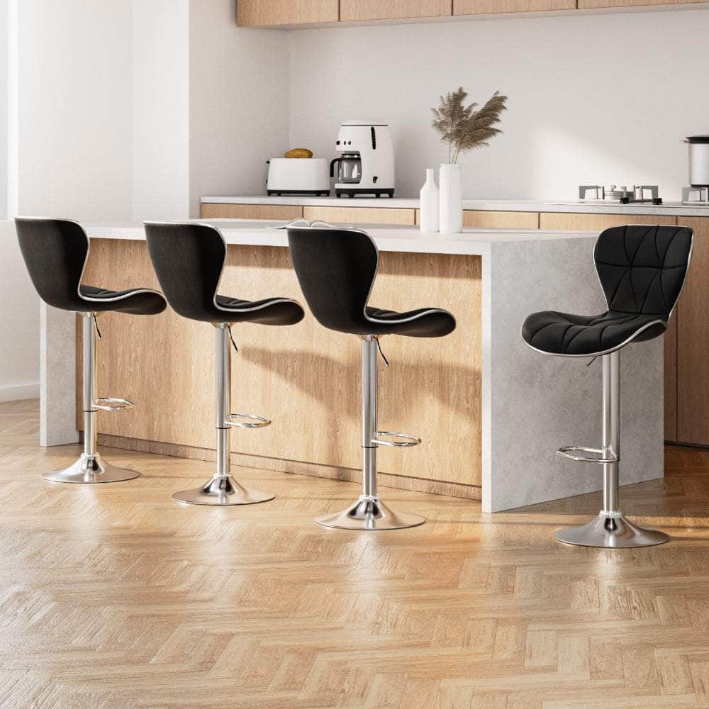 4x Bar Stools Gas Lift Leather Seat Black