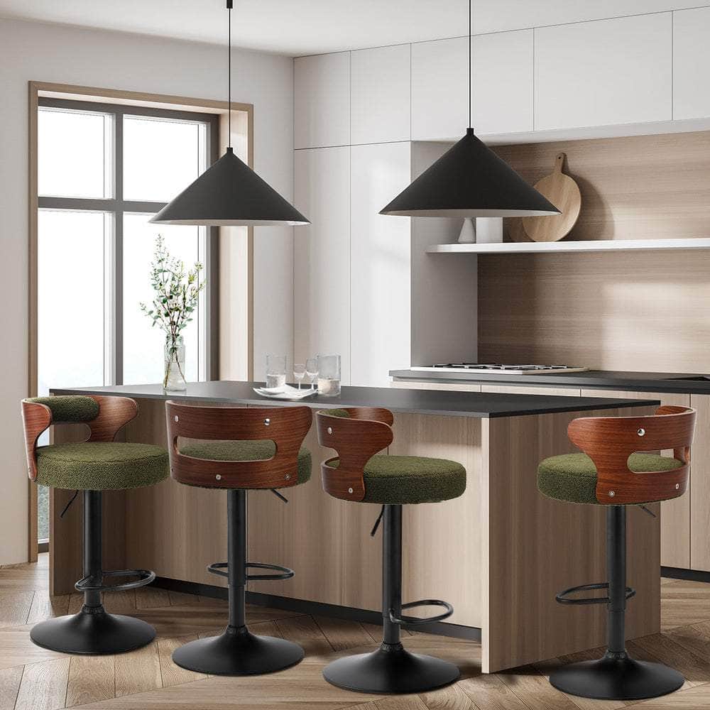 4x Bar Stools Gas Lift Swivel Chairs Wooden Boucle Green