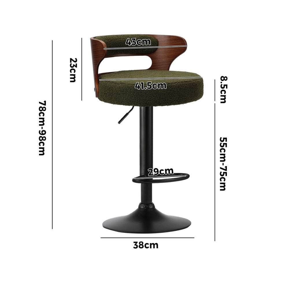 4x Bar Stools Gas Lift Swivel Chairs Wooden Boucle Green