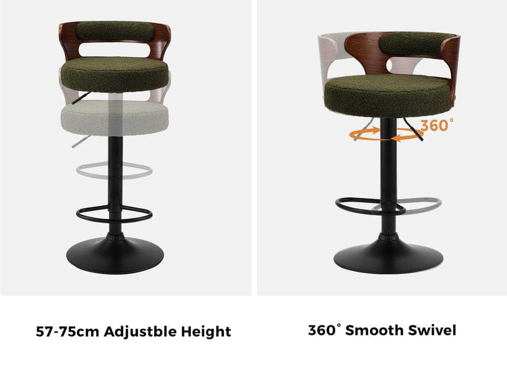 4x Bar Stools Gas Lift Swivel Chairs Wooden Boucle Green