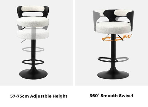 4x Bar Stools Gas Lift Swivel Chairs Wooden Boucle White