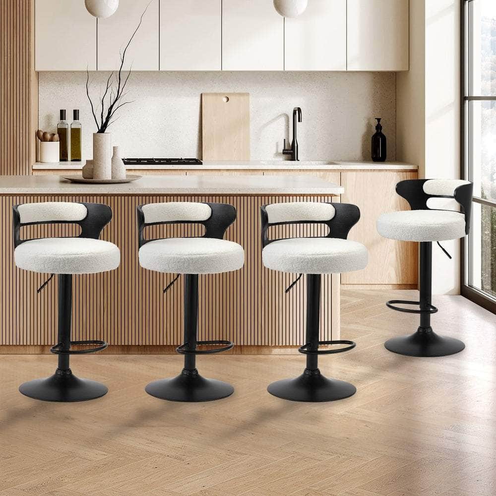 4x Bar Stools Gas Lift Swivel Wooden Chairs with White Boucle Seats