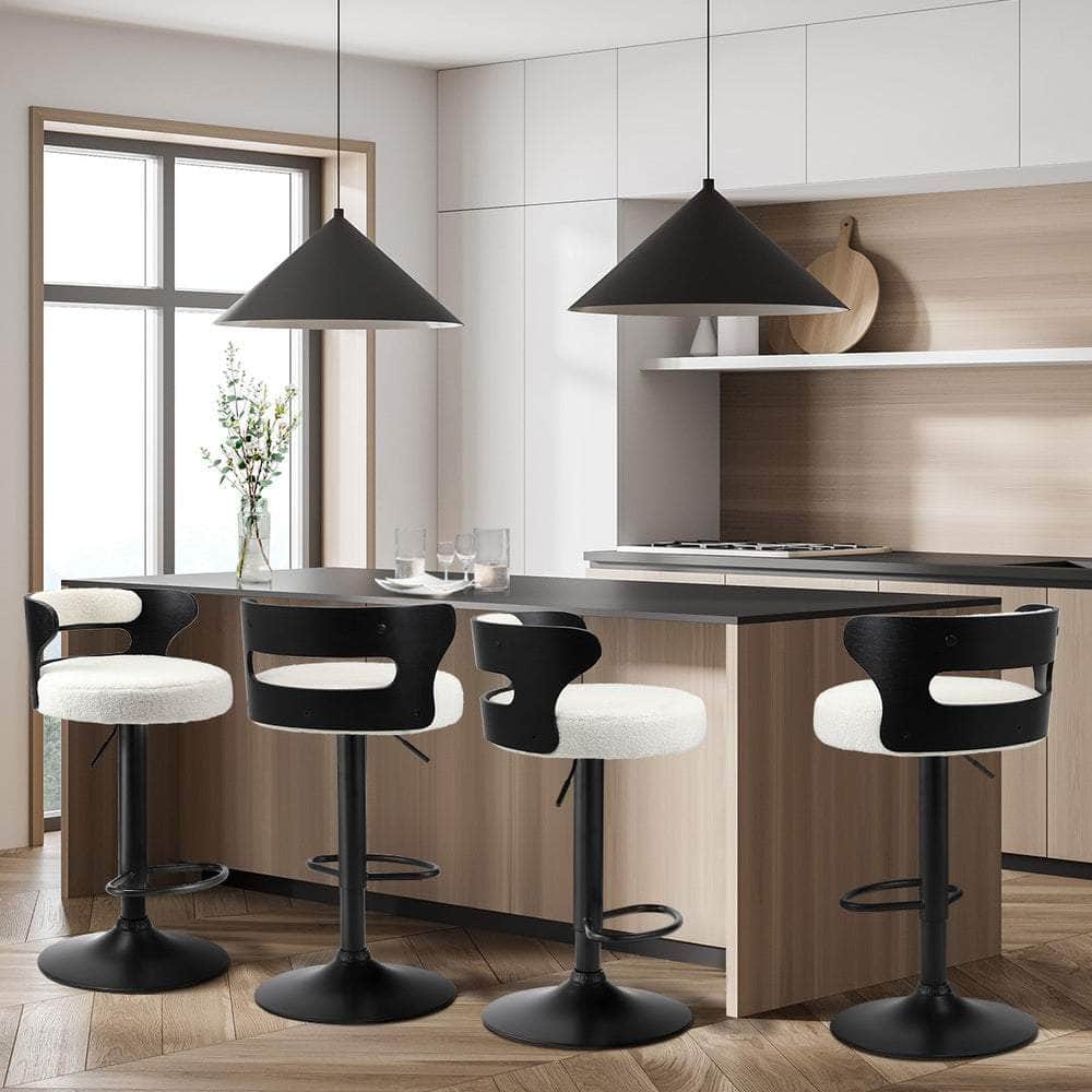 4x Bar Stools Gas Lift Swivel Wooden Chairs with White Boucle Seats
