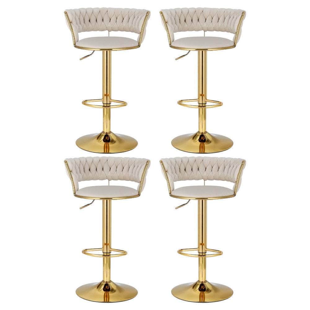 4X Bar Stools Gas Lift Velvet Woven Backrest Ivory