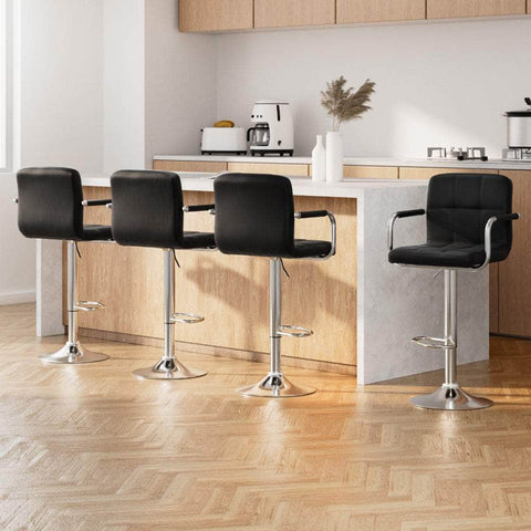 4x Bar Stools Leather Gas Lift w/Armrest Black