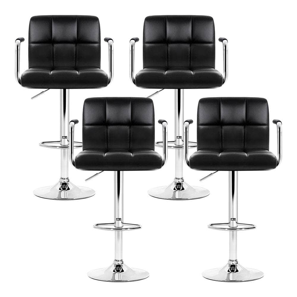 4x Bar Stools Leather Gas Lift w/Armrest Black