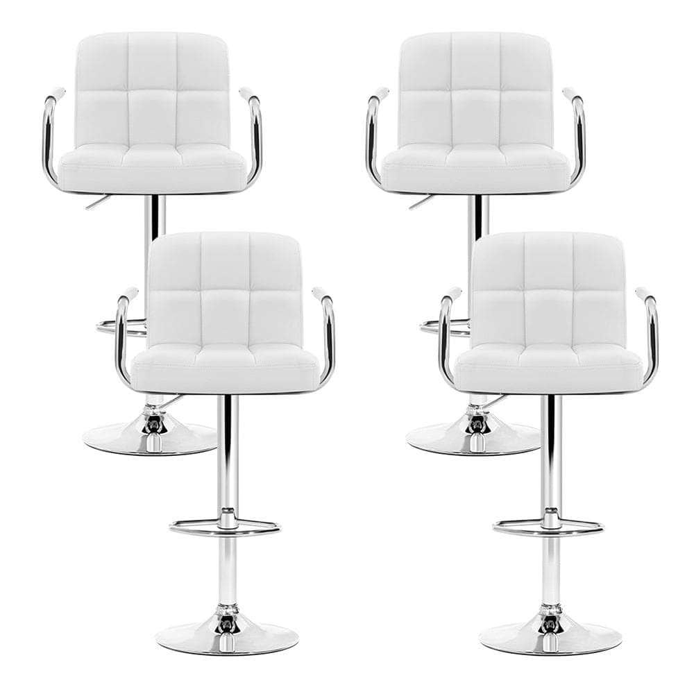 4x Bar Stools Leather Gas Lift w/Armrest White