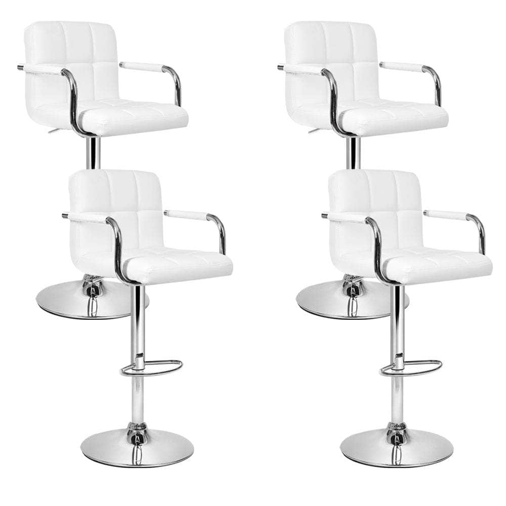 4x Bar Stools Leather Gas Lift w/Armrest White