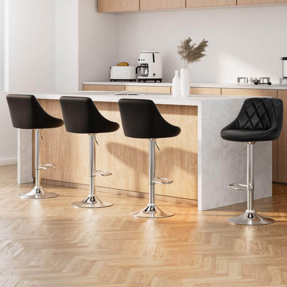 4x Bar Stools Leather Padded Gas Lift Black