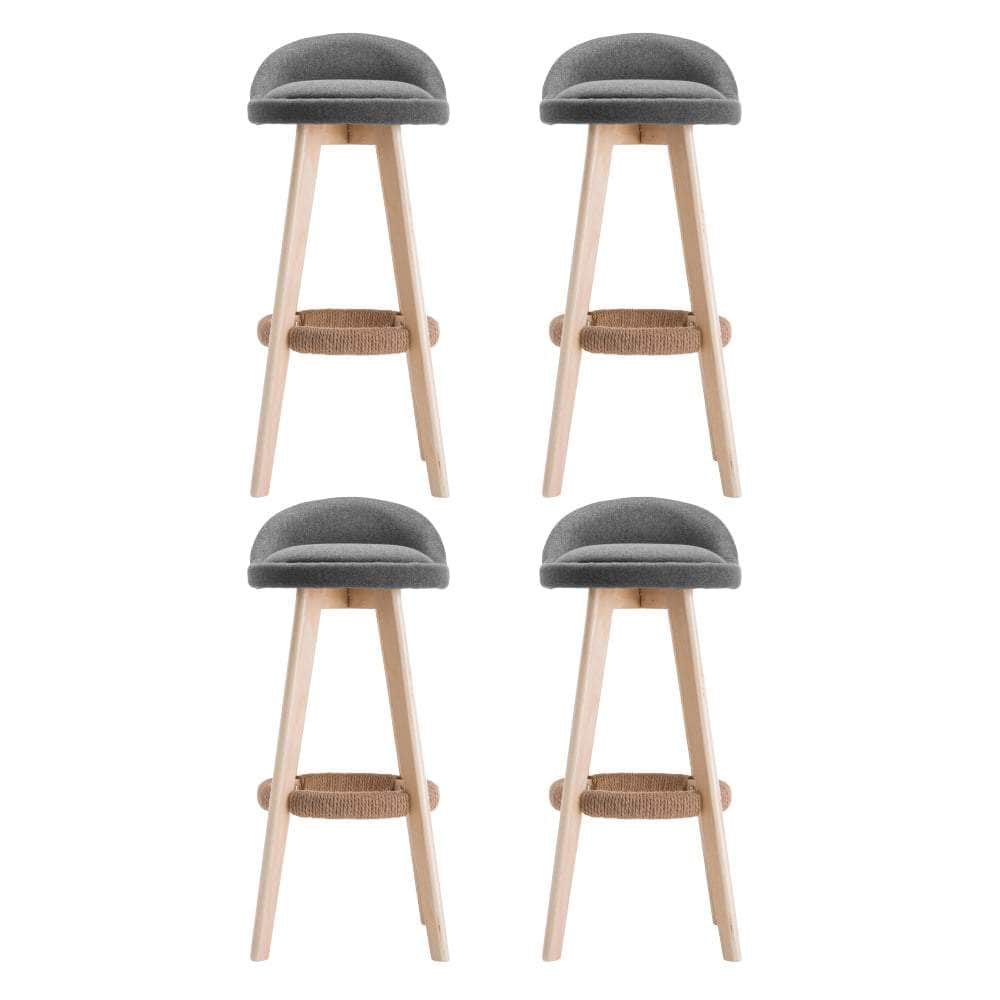 4x Bar Stools Padded Linen Wooden Grey