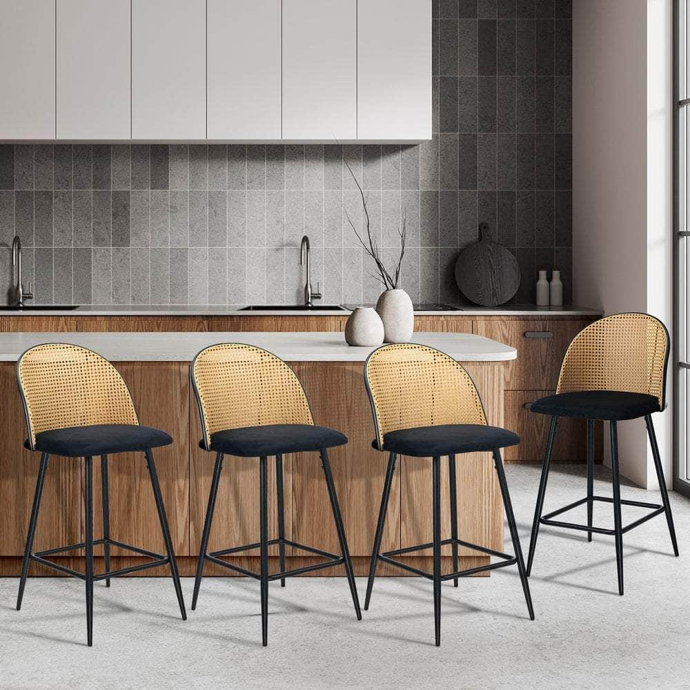 4x Bar Stools Rattan Dining Chair Velvet Black