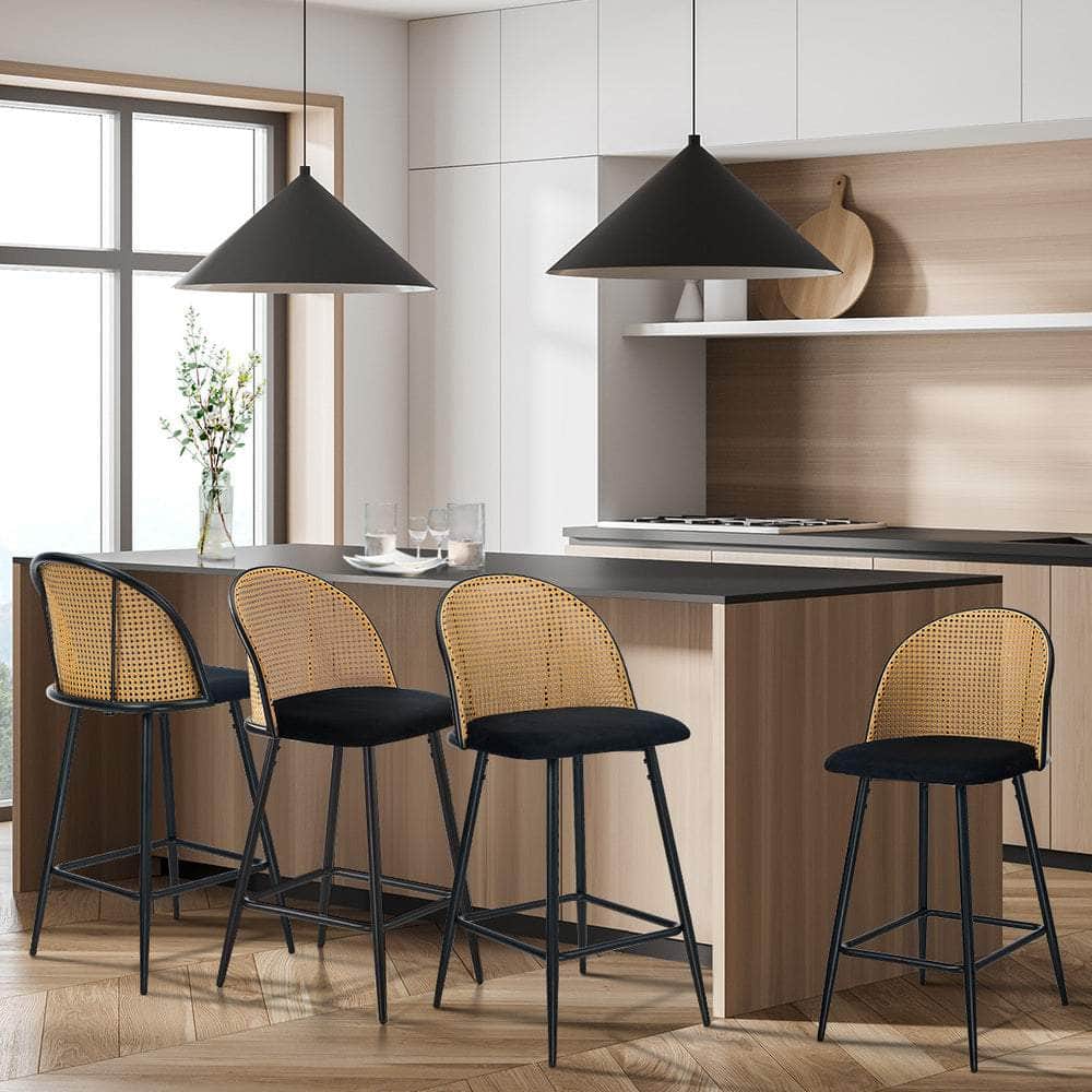 4x Bar Stools Rattan Dining Chair Velvet Black