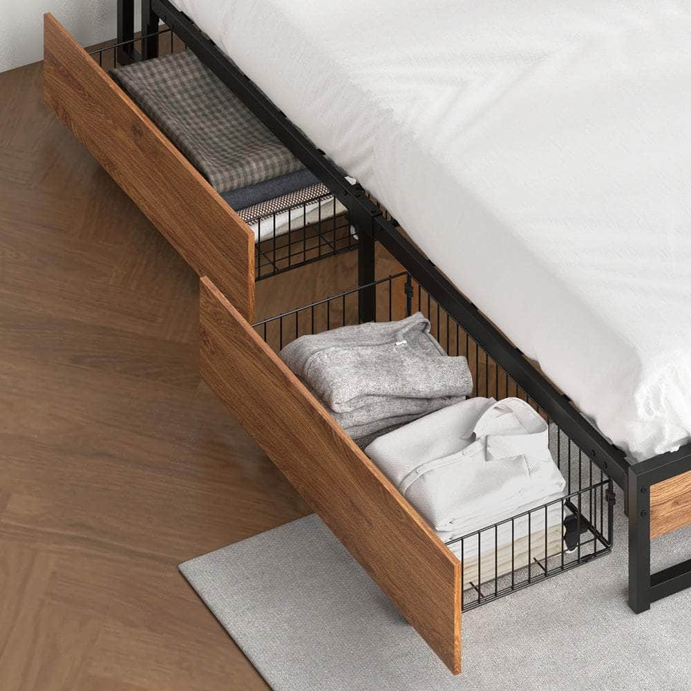 4x Bed Frame Storage Drawers with Wheels Metal Brown