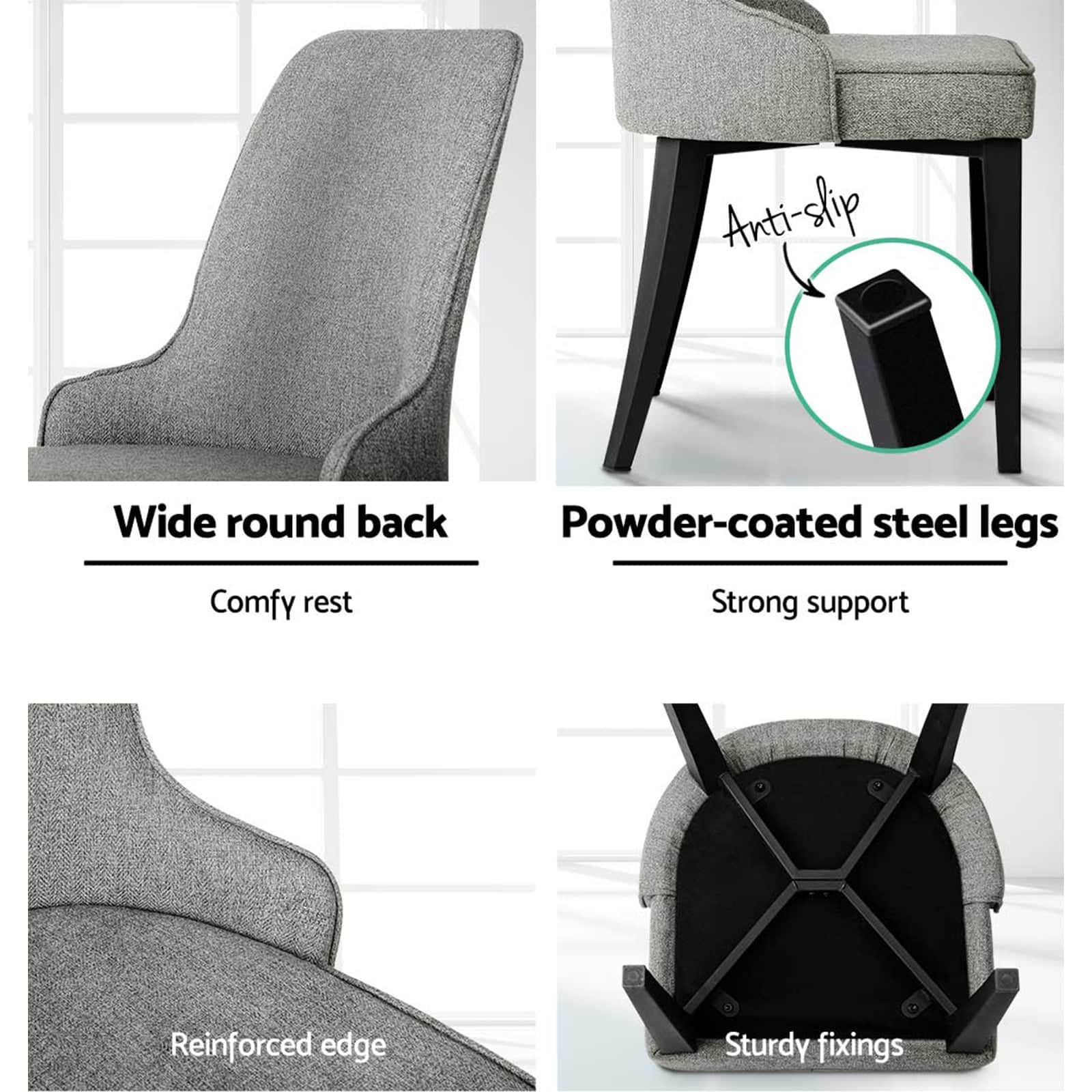 4x Grey Linen Dining Chairs Set Modern Fabric Kitchen Chairs Upholstered