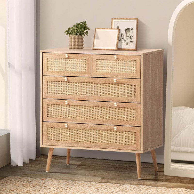 5/6 Chest of Drawers Dresser Tallboy Rattan with Chest of Drawers
