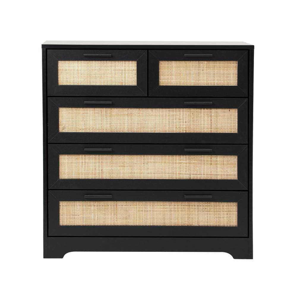 5 Chest of Drawers Dresser Rattan Black