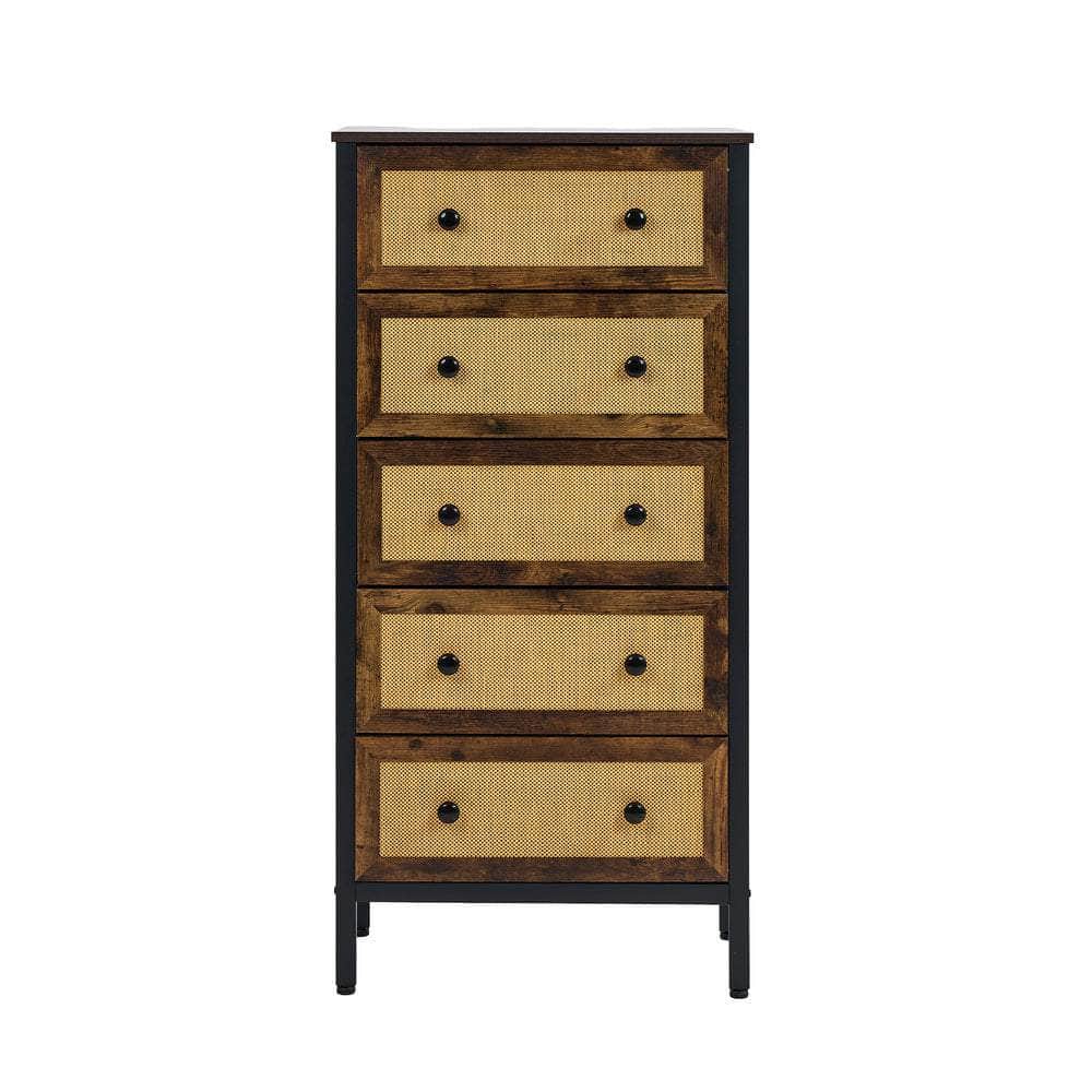 5-Drawer Chest Rattan Fabric Dresser Tallboy Bedroom Storage Organizer