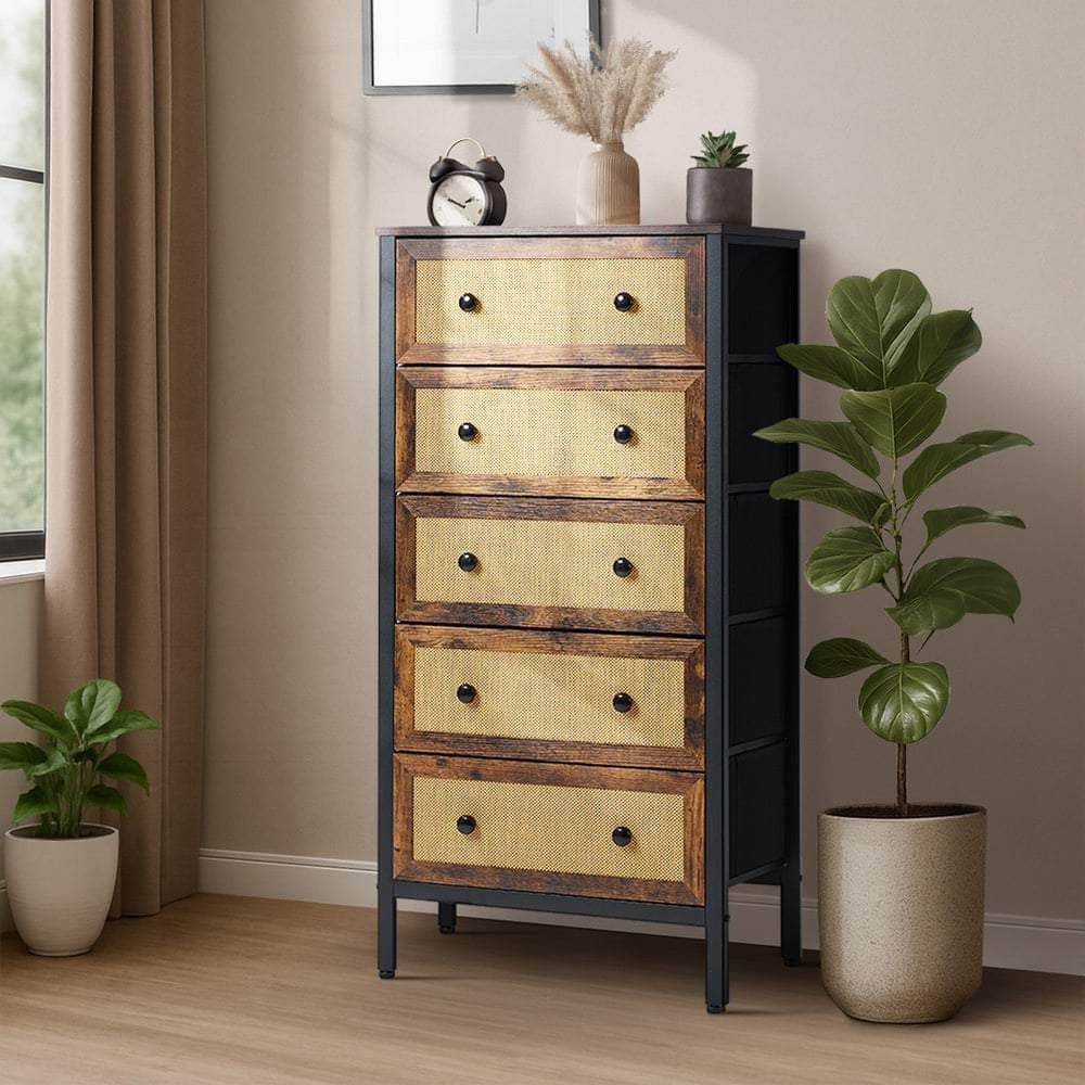 5-Drawer Chest Rattan Fabric Dresser Tallboy Bedroom Storage Organizer