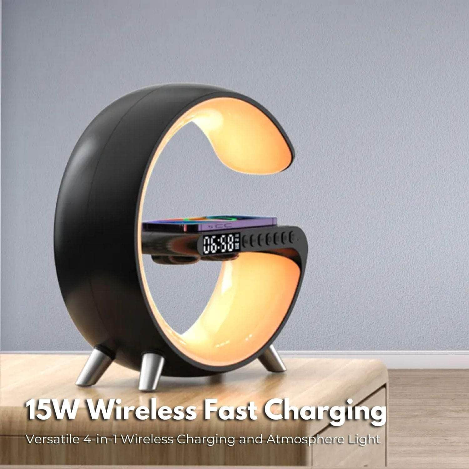 5 In 1 Bedside Table Lamp With 15W Quick Wireless Charger (Black)