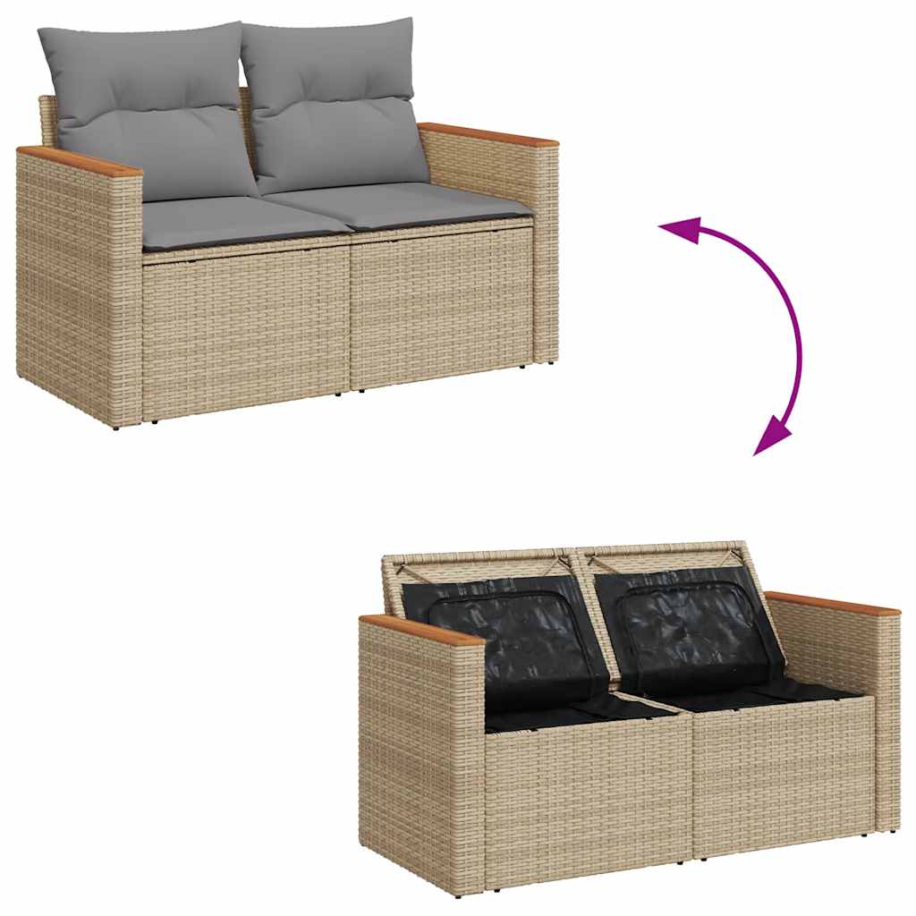 5 Piece Garden Sofa Set with Cushions Beige Poly Rattan Acacia | Outdoor Furniture Sets