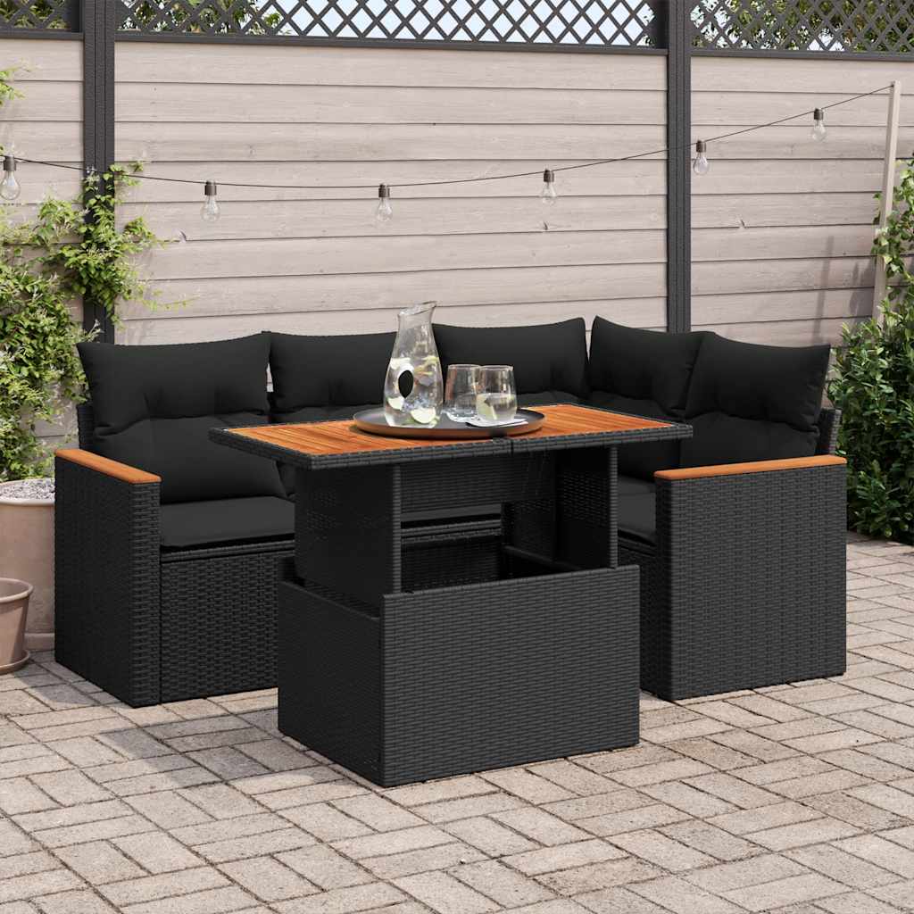 5 Piece Garden Sofa Set with Cushions Black Poly Rattan - Sleek with Black colour