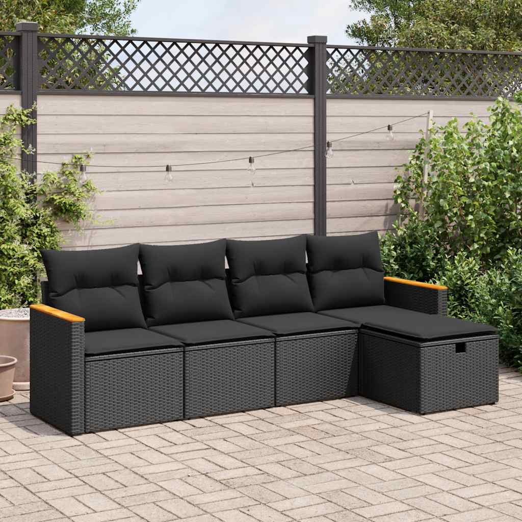 5 Piece Garden Sofa Set with Cushions Black Poly Rattan - Sleek