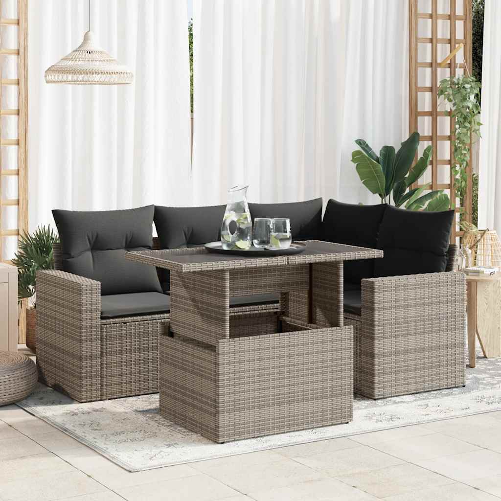 5 Piece Garden Sofa Set with Cushions Black Poly Rattan - Sleek | Rattan finish - photo 27
