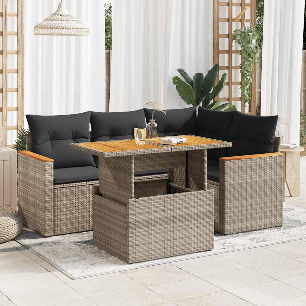 5 Piece Garden Sofa Set with Cushions Black Poly Rattan - Sleek, Outdoor Furniture Sets - photo 28