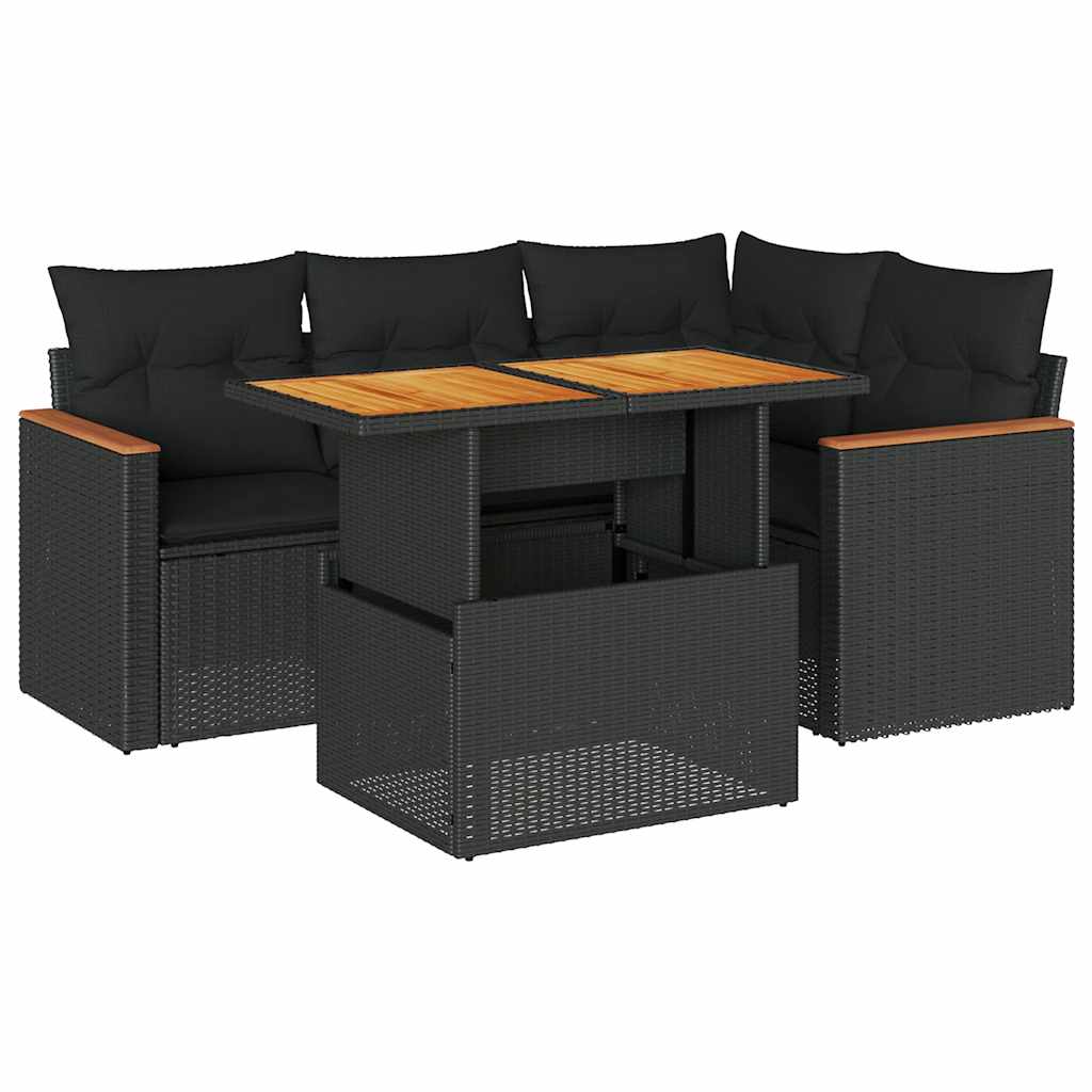 Rattan finish - 5 Piece Garden Sofa Set with Cushions Black Poly Rattan - Sleek